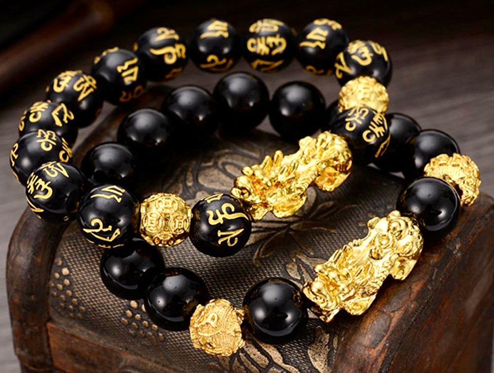 Feng Shui Pixiu Dragon Buddha Natural Black Obsidian Bracelet  For Men and Women