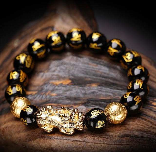 Feng Shui Pixiu Dragon Buddha Natural Black Obsidian Bracelet  For Men and Women